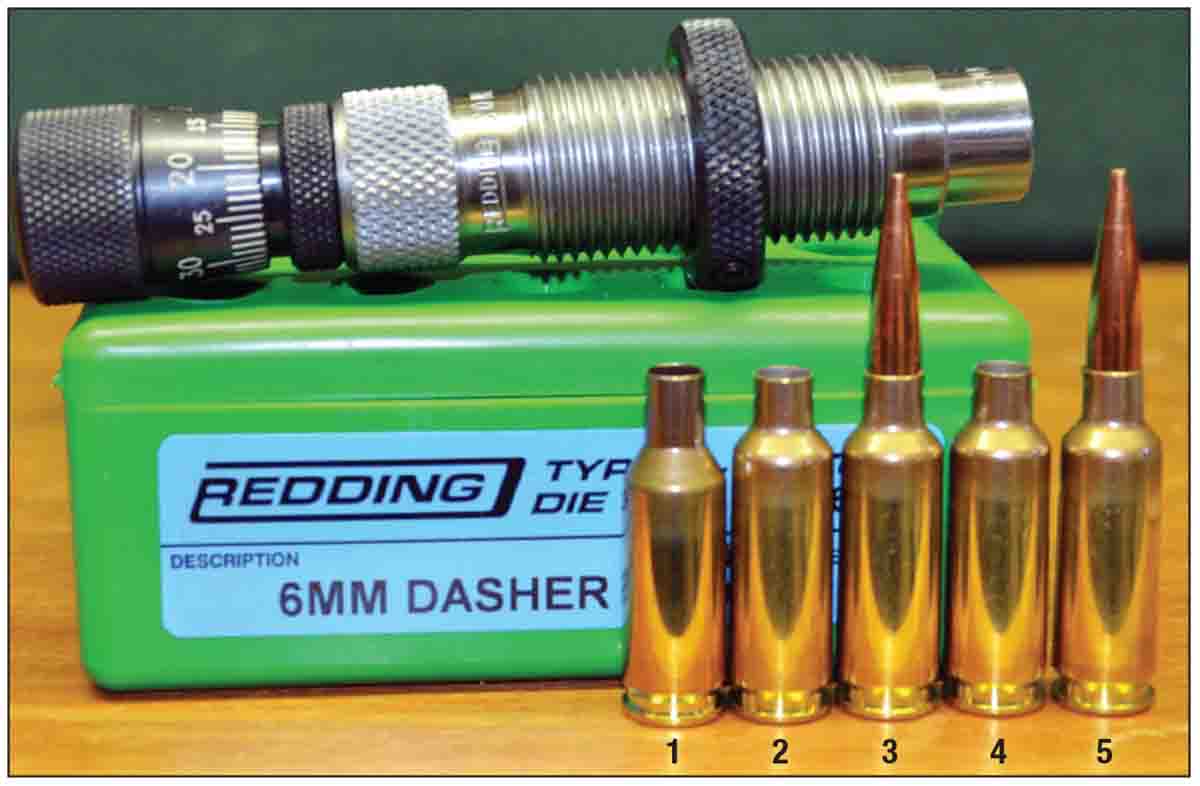The 6mm Dasher case is commonly fireformed from Lapua 6mm BR Norma brass, but that step is eliminated by using fully-formed 6mm Dasher cases from Peterson Cartridge. Shown above are: (1) a Lapua 6mm BR Norma case, (2) a Lapua case fireformed to 6mm Dasher shape, (3) a loaded 6mm Dasher round, (4) a Peterson fully-formed 6mm Dasher case and (5) a loaded 6mm Dasher round.